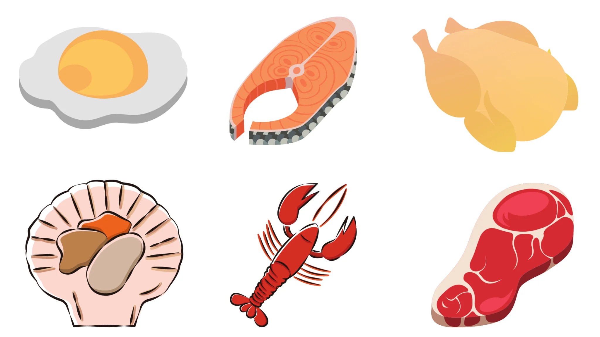 examples of protein sources such as eggs, salmon, shellfish, chicken, beef and lobster