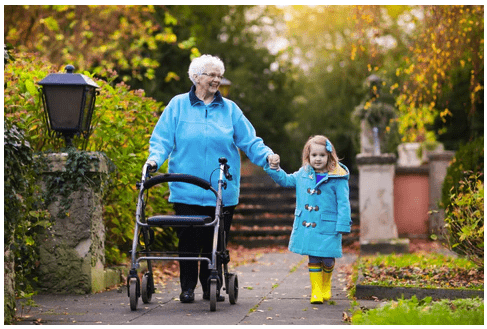 elderly lady walking with her granddaughter, using an outdoor walker