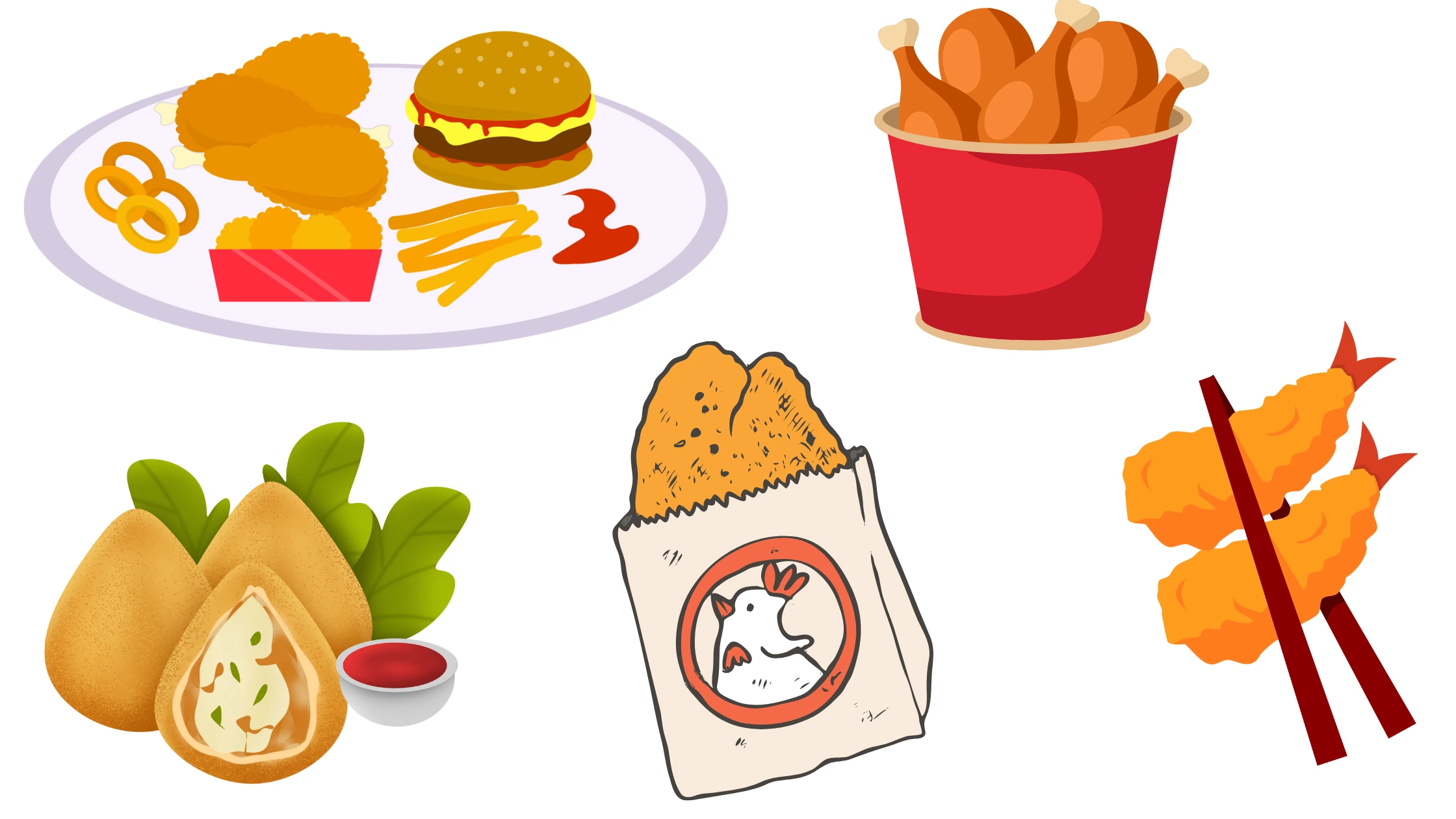 alcuni cibi fritti contenenti grassi trans, come pollo, arancini, cotoletta e fast food