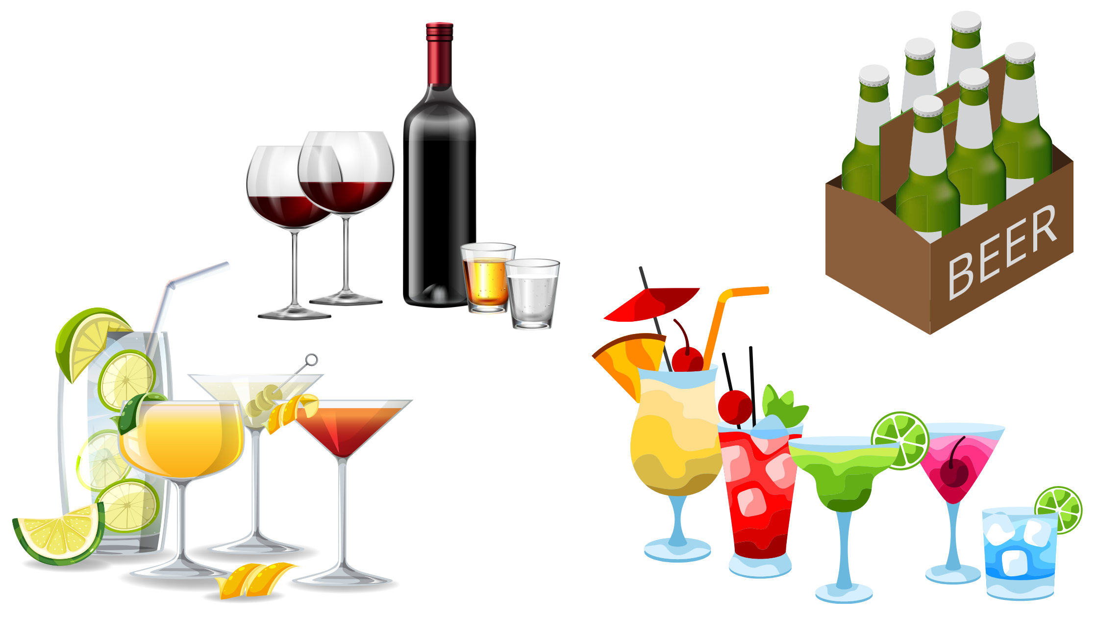 esempi di abuso di alcol come cause di encefalopatia, come il vino rosso e bianco, birra, superalcolici